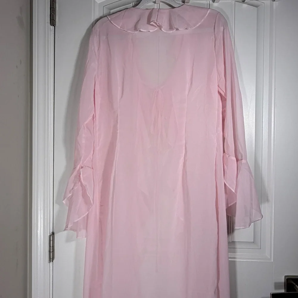 Sheer Pink Ruffle Maxi Robe Long Bell Sleeve Chiffon Cover Up Tie Front 60